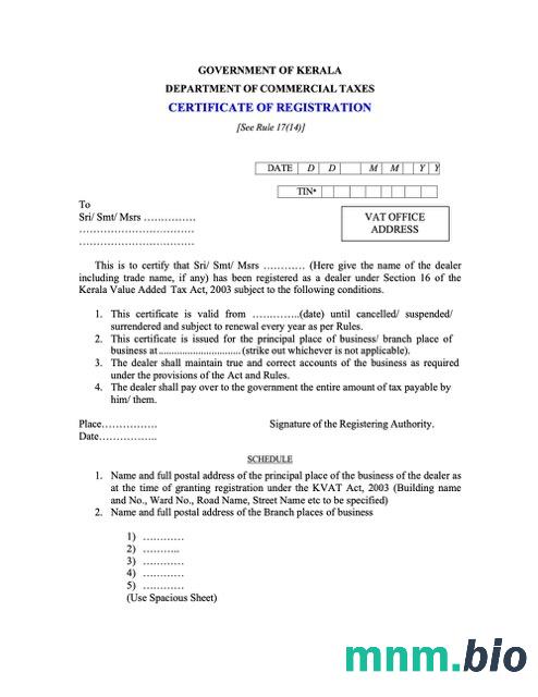 India Kerala vcertyfikat of registration Word i szablon PDF